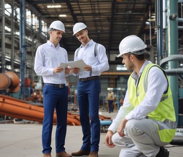 Close-up of hands exchanging industrial parts and documents.