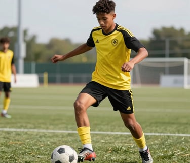 Professional photography of a young teenage boy of diverse origin performing a skilled soccer drill with a ball. He is wearing a yellow and black training kit. European sports complex background, bright daylight, dynamic action shot.