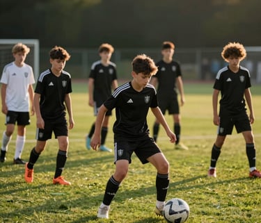 A high-action shot of diverse teenage boys and girls aged 11 to 16 training on a pristine green European soccer pitch. They are wearing sleek black and white training kits. Warm sunset lighting. The mood is intense and professional. Cinematic photography style.