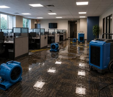 Commercial call center water damage cleanup with wet carpet drying equipment, dehumidifiers