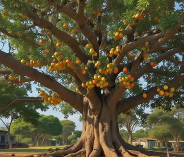 Árvore de jenipapo frutificando, com tronco grosso e raízes expostas, cheia de frutos amarelo-alaran