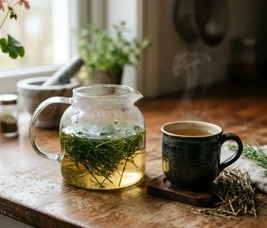 Chá de cavalinha sendo preparado em bule de vidro e xícara de cerâmica com alecrim sobre mesa 