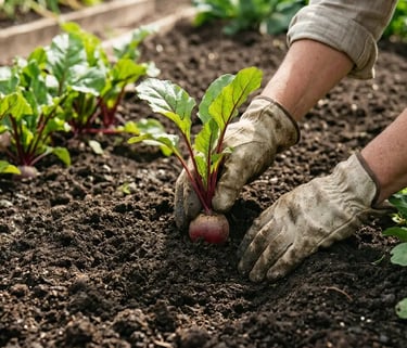 Agricultor com luvas de trabalho plantando beterrabas orgânicas em um canteiro de solo fértil.