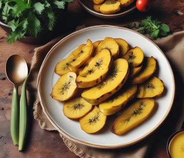 Fatias de banana-da-terra cozida servidas em prato rústico, com polpa dourada e textura macia