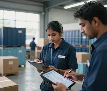 A clean, modern logistics center in a South Asian urban area with professional staff reviewing digital shipping manifests on tablets, soft natural lighting through high windows, navy blue and pale blue accents.