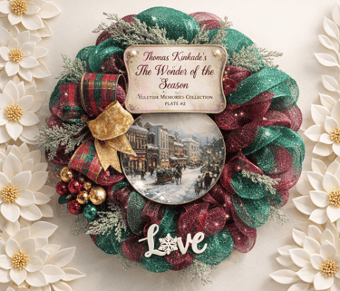 Thomas Kinkade festive Christmas wreath with green and red mesh, decorative plate, and Love sign.