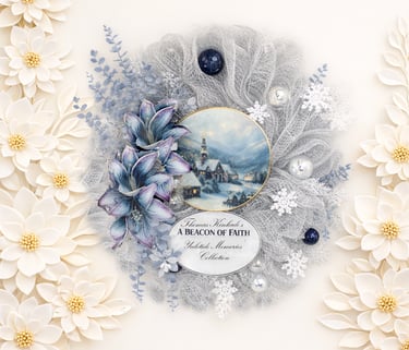 Elegant silver mesh Christmas wreath with purple amaryllis flowers and a Thomas Kinkade winter village scene.