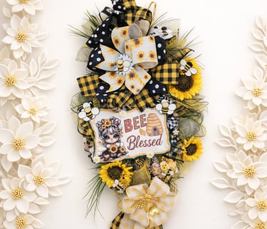 Bee Blessed sunflower wreath with decorative bumblebees and black and yellow plaid ribbons.