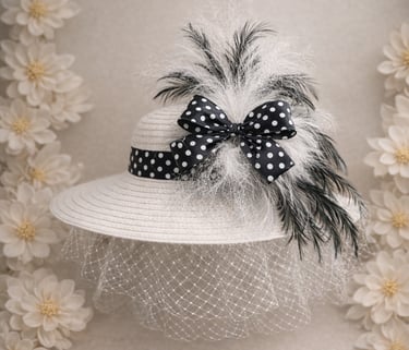 Elegant white fascinator derby hat with black polka dot bow, feathers, and birdcage veil.