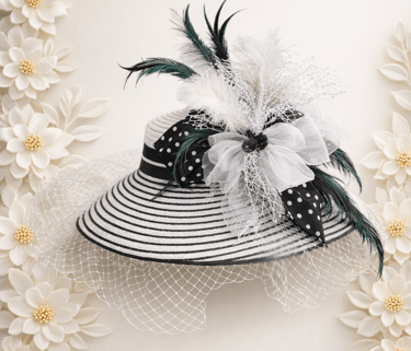 Elegant black and white striped sun hat with feathers and mesh veil for a formal Kentucky Derby event.