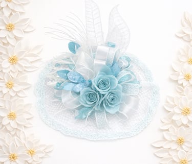 Elegant light blue rose fascinator hat with lace veil and ribbons for wedding or bridal hair accessory.