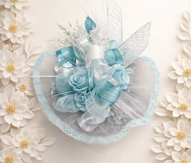 Elegant light blue floral hair accessory with roses and lace for bridal or prom styling.