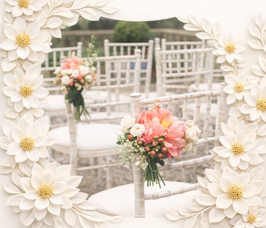 White wedding chairs with pink floral bouquets framed by a decorative white floral border.