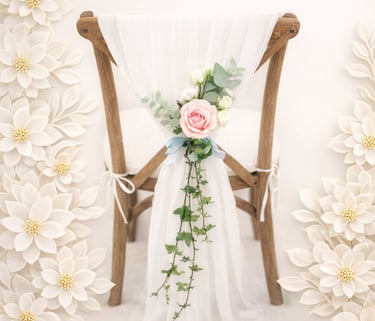 Elegant wooden wedding chair with white tulle drape and a pink rose floral arrangement.