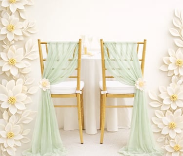Elegant gold Chiavari wedding chairs decorated with sage green tulle sashes and white paper flowers.