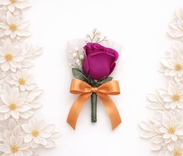 Purple rose boutonniere with an orange ribbon and pearl accents on a white floral background.