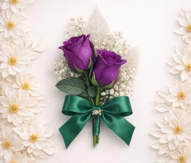 Elegantboutonniere featuring purple roses, baby's breath, and a green satin bow.