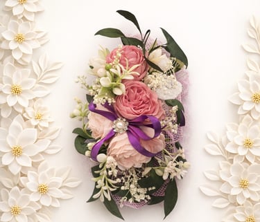 Elegant pink rose wrist corsage with a purple ribbon bow and pearl accents for weddings and prom.