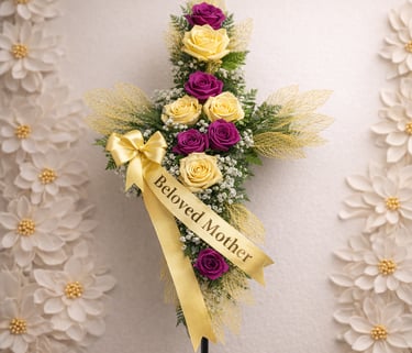 Cross-shaped funeral flower arrangement with yellow and purple roses for a beloved mother.