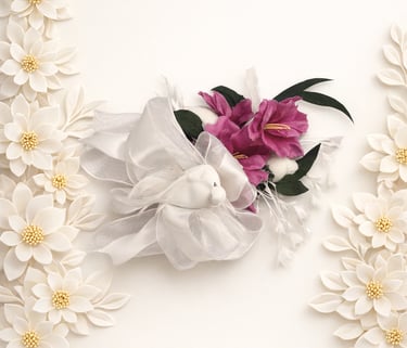 Elegant wrist corsage with white fabric bow and purple blossoms 