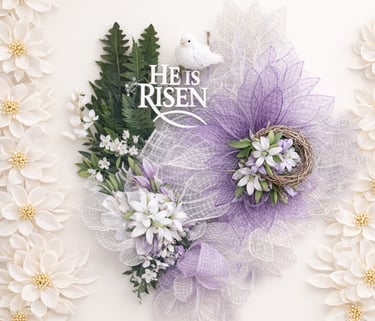Purple and white Easter wreath with He Is Risen sign, bird, and spring flowers.