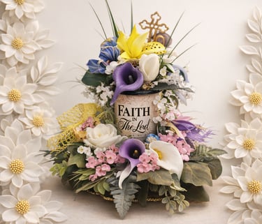 Christian floral arrangement with purple calla lilies and Faith in the Lord scripture mug centerpiece.