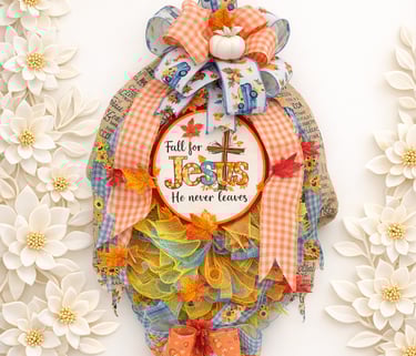 Autumn Jesus wreath with orange gingham bows and fall foliage decor on white background.