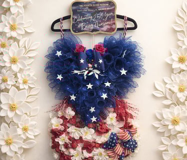 Patriotic red, white, and blue wreath with stars and stripes celebrating 250 years of American independence.