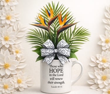 Tropical bird of paradise flowers in a Bible verse mug with Isaiah 40:31 scripture and white floral background.