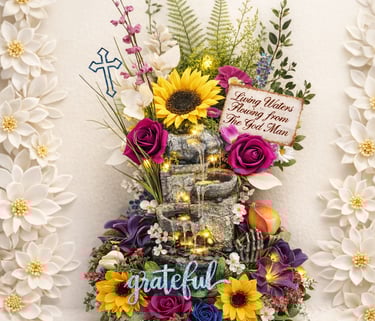 A decorative tiered stone tabletop water fountain adorned with colorful artificial flowers, LED lights, and a religious