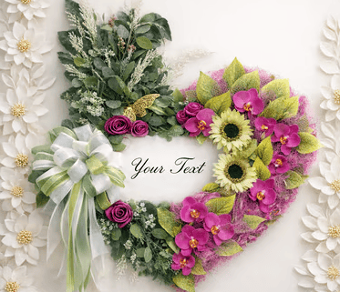 Heart-shaped floral wreath with pink orchids, sunflowers, and green leaves for custom text.