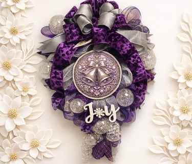 Elegant purple and silver Christmas wreath featuring a festive Joy sign and silver bell medallion.
