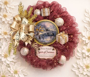 Thomas Kinkade Spirit of Christmas wreath with burgundy mesh, gold ribbon, and winter village scene.