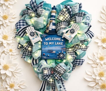 Heart-shaped nautical lake wreath with lighthouse, Adirondack chairs, and LED lights.