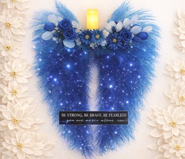 Blue floral angel wings with a candle and inspirational quote surrounded by white flowers.