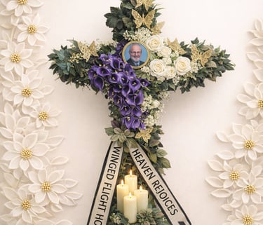 Floral funeral cross with purple calla lilies, white roses, gold butterflies, and memorial candles.
