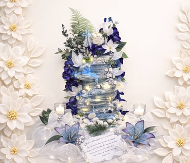 Memorial floral arrangement with blue and white lilies, LED lights, and paper flowers for a funeral service.