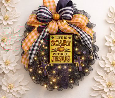 Lighted Halloween wreath with Christian crosses, orange plaid ribbons, and a Life is Scary Without Jesus sign.
