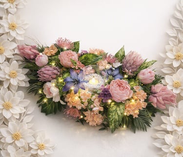 Elegant floral centerpiece with pink peonies, proteas, and fairy lights around a candle.