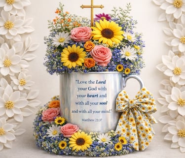 Floral arrangement with sunflowers and roses in a mug featuring the Matthew 22:37 Bible verse and a gold cross.