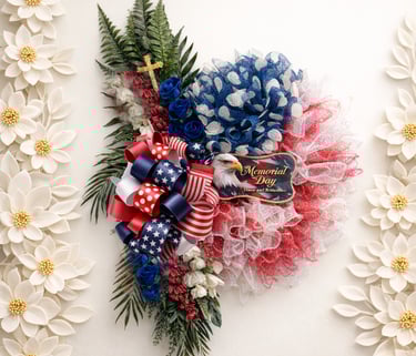 Patriotic Memorial Day wreath with red, white, and blue ribbons, an eagle, and floral accents.