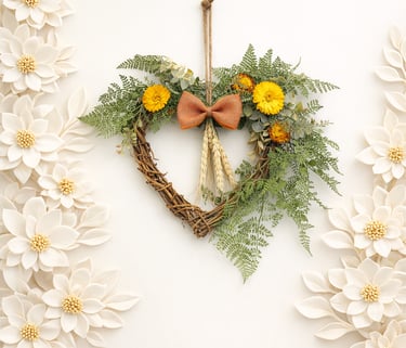 Rustic heart-shaped grapevine wreath with yellow flowers, ferns, and burlap bow on a white floral background.