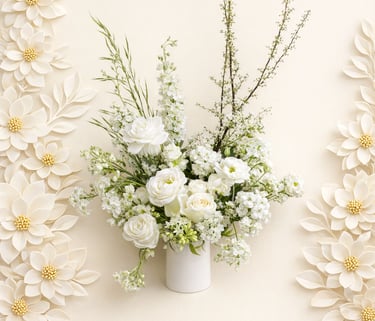 Elegant white floral arrangement in a vase centered between decorative paper flower borders.