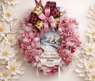 Thomas Kinkade Christmas wreath featuring a winter village scene plate, red mesh, and buffalo plaid ribbons.