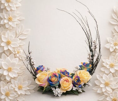Elegant floral arrangement with colorful roses and white paper flowers on a textured background.