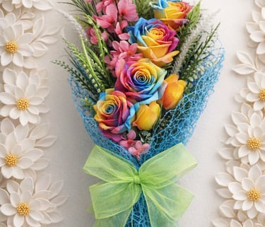 Vibrant rainbow rose bouquet wrapped in blue mesh with a green bow, framed by white paper flowers.