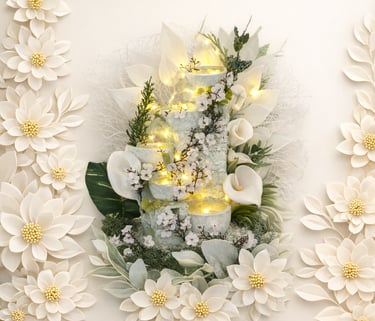 Elegant white floral arrangement featuring a lighted tiered tabletop fountain with calla lilies and paper flowers.