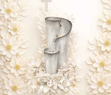 Elegant silver tiered indoor water fountain framed by white floral borders and a religious cross.