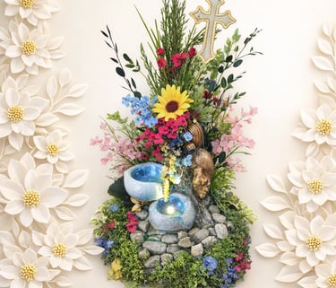 Illuminated garden flower arrangement with a christian cross, yellow sunflower, and glowing blue pools.