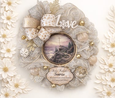 Thomas Kinkade Sunrise wreath with silver mesh, gold ornaments, and religious art center.